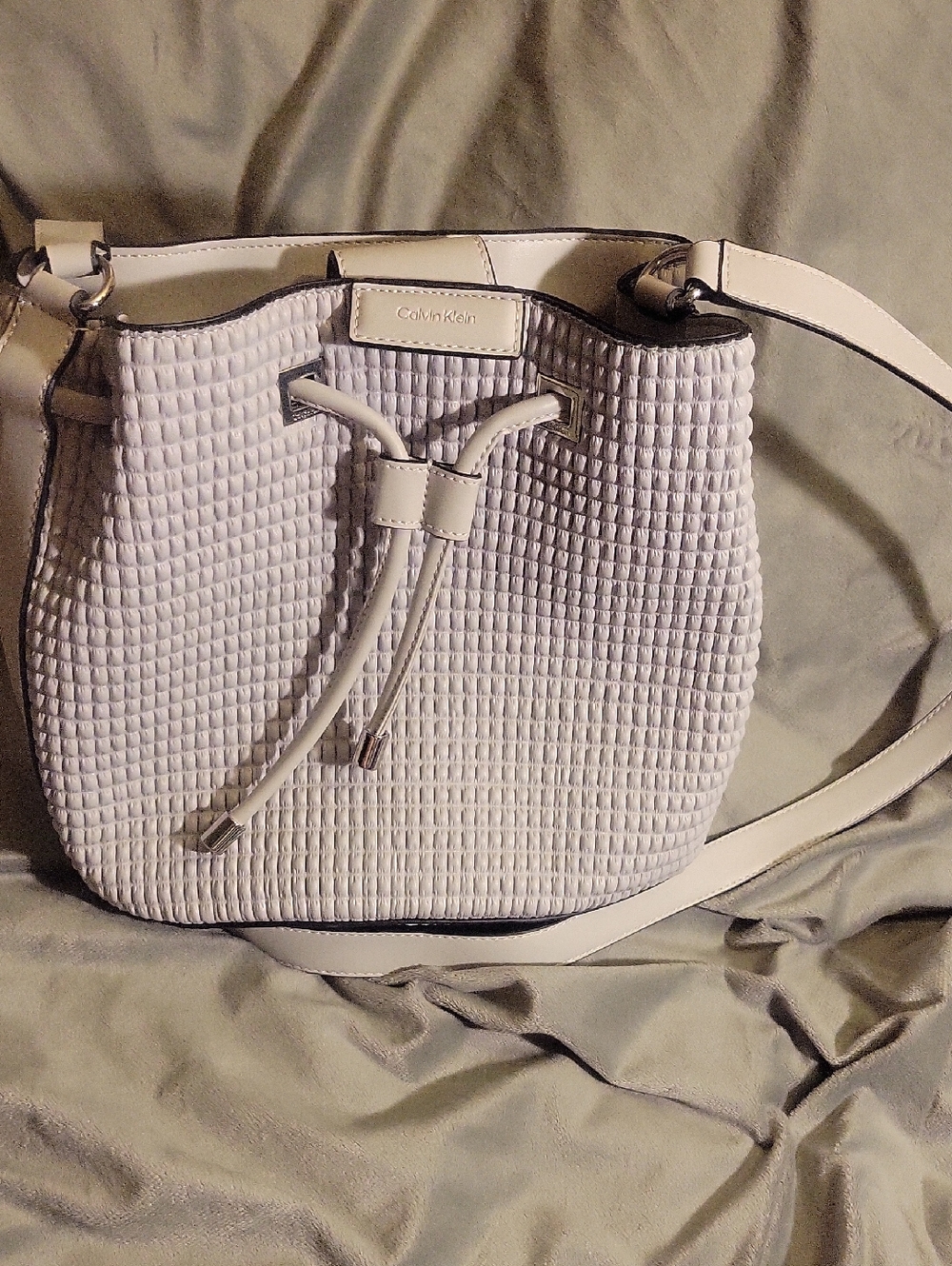 Calvin Klein Light Gray Woven Drawstring Crossbody Bag